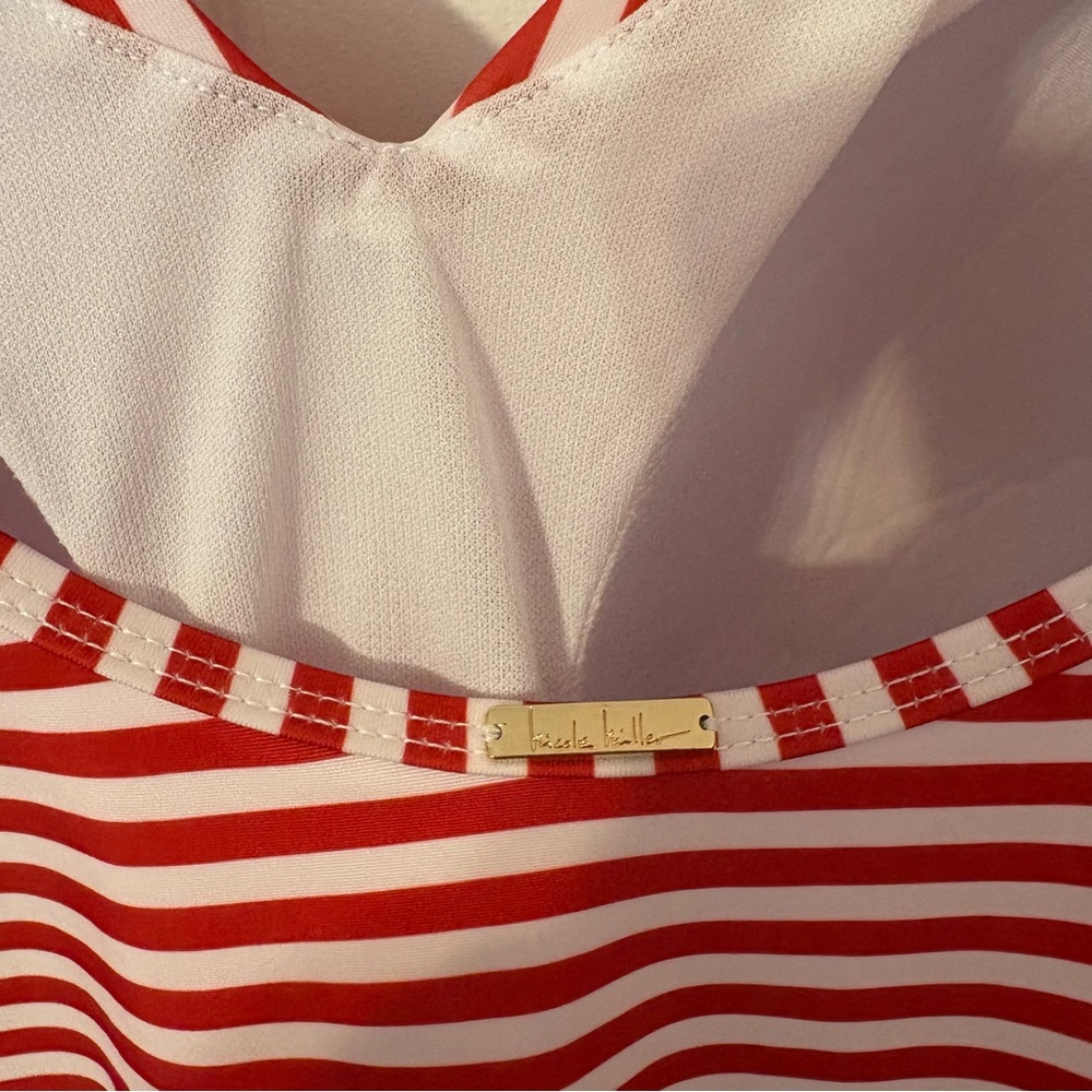 Nicole Miller Red and White Striped One Piece Swimsuit with Flattering Drapery - Picture 10 of 12